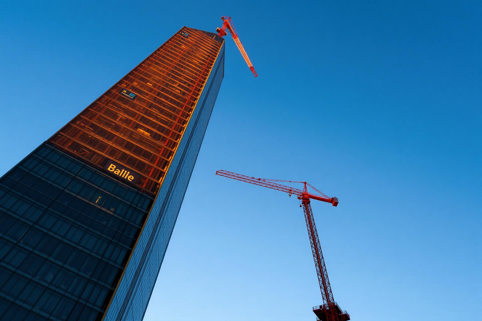 Signature project under construction against a dusk sky